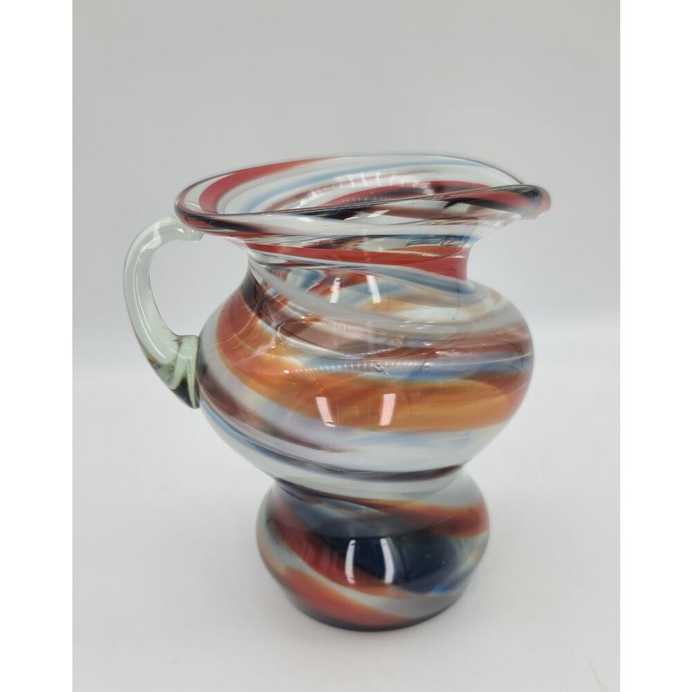 Vintage Murrhina Glass Hand Blown Bulbous Swirl Art Glass Pitcher Vase